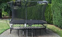 This is a five year old Springfree Trampoline in very good shape. There are no springs so safety is not a concern for little ones. There are a couple of smalls holes in the safety net thanks to an excited dog. One safety net rod broke so the unit is short