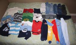 Lot of 12-18 month baby boy clothes.  Includes velour and fleece sleepers
(including Carters and OshKosh), long sleeve t-shirts (including Children's Place, Joe, BUM, Levis), Old Navy and Tommy Hilfiger sweaters, super cute BUM sweater coat, Roots