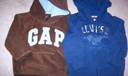 2 Hoodies Gap and Levis. The blue levis hoodie was never worn but was washed. The brown gap hoodie was worn maybe 3 times. The Levi red tab jeans are of a loose fit size 2t they have no rips or stains on them anywheres and are in excellent condition. All