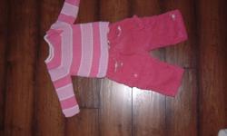 1- 2 piece outfit, $4
2- PJ's, $1
3- 2 piece outfit $3
 
pet free, smoke free home.  Worn by 1 little girl.