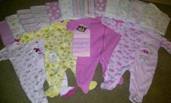 I have an adorable collection of baby girl items. Sizes vary on the tags from 3-9 months but all FIT the 6 month range.
Set includes:
13 receiving blankets
4 sleepers
1 brand new back of baby cloths
6 pairs of shorts
1 jean skirt
1 jean jumper with