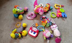 Lot 1: Assorted Hanging Toys $10
Lot 2: Rattles & Hard Animals $5
Lot 3: Assorted Soft Toys $10
Lot 4: V-Tech Toys $10
Lot 5: Assorted Balls & Hard Toys $10
Lot 6: Push Toy $2
Lot 7: Assorted TY Babies & Stuffies $10
Lot 8: Dinosaur/Dragon Tail $2
All