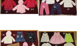 ALL ITEMS LIKE NEW, FROM SMOKE AND PET FREE HOME
Baby girl clothing, all brand name (Carters, Children's Place, Joe, Old Navy, Gap, etc.) sizes 12-18 months.
Pants, skirts, jeans, dresses, jacket, vest, shirts, sweaters, etc.
Great deals, prices vary on