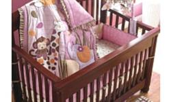 Crib bedding set including bumper pads, fitted crib sheet, crib bedskirt, and quilt, matching 3 piece canvas wall art, night light and switch plate, diaper stacker and lamp. Regular retail at BabiesRUs is $397.00. Asking $250.00. Used for approximately 6