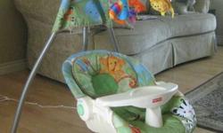 Fisher Price rain forest swing. Plugs in and swings back and forth or side to side-$45.00
Race car bed comes with mattress-$65.00
Jolly Jumper also comes with piece to use as doorway jumper-$35.00
Graco pink and brown infant car seat used for one baby no