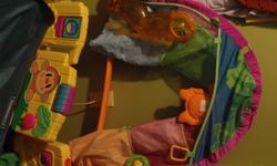 Play tent (folds out) $10
 
Fisherprice mobile..takes batteries, comes with remote (has different settings for lights, sounds and wall/ceiling images) $30
 
Infantinfo infant carrier $5
 
Playtex bottles (drop in systems) 4oz and 8 oz, variable flow