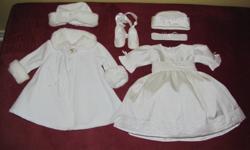 For sale gorgeous baptismal/christening girl's outfit, size: 6 months:
dress & matching hat (100% silk) color: off white, paid: $250 
matching booties (100% silk) tie up around leg (ballerina type) color: off white, paid: $45
coat (100% polyester) color: