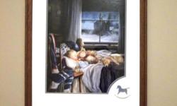 SO PEACEFUL IN A LITTLE BOY'S ROOM.BEAUTIFUL PICTURE OF A TODDLER SLEEPING WITH HIS TEDDY BEAR AND DOG ON A WINTER NIGHT.
SEE DETAILS:HOCKEY GEAR ON THE CHAIR,CLOCK SHOWING 5:am (wake up time for practice)
PERFECT FOR YOUR FUTURE HOCKEY PLAYER.
SURE TO