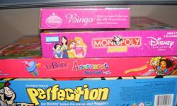 I have the following board games for sale:
 
Lil bratz amusement park funk $8
 
Disney Princess monopoly $8
 
Perfection Sold
 
Little pet shop game $5 missing 1 token