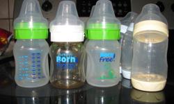3 Playtex Bottles 6oz
5 Born Free Bottles 5oz
In good Condition
from smoke free and pet free home
 
PLAYTEXÂ® VENTAIRE
Promotes semi upright feeding position recommended by pediatricians to help prevent ear infections. Plus, micro-channel vents create a