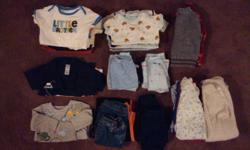 Carters, Disney (Winnie the Pooh and Cars), Osh Kosh, Old Navy, etc...
From a clean, smoke-free home.
 
12 oneises
2 three piece outfits
2 two piece outfit
2 sweaters
7 sleepers
2 pairs of pants
1 long-sleeved shirt
2 short-sleeved shirt
1 pairs of