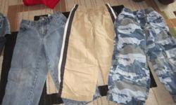 $1.00 each or all 5 for $4
First pic Old navy jeans, Gymboree lined pants, Vibrations camo lined camo pants (lining is cotton)
Second pic Old Navy jeans (rip in the knee) and Carter's blue cargos (brand new)
All size 3T