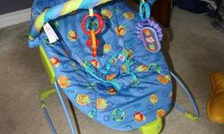 Excellent condition- only used a handful of times. Smoke Free home. Battery Operated.
Bouncer combines extra comfort for baby and playtime fun in one! The removable head support features extra soft fabrics and the cradling seat design offers supreme