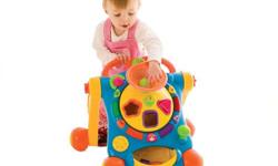 Not just a walker - lots of features too!
A decent, sturdy walker with lots of buttons to push and shapes to sort. There are five buttons that play two songs each, and when a song is being played, if baby presses a button again, an animal sound comes out