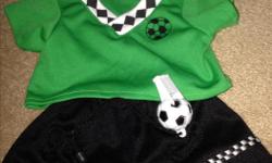 Cute soccer outfit for a build a bear or stuffed animal approximately the same size. Also comes with a whistle. In excellent condition. No tears or stains. From a smoke free and pet free home
