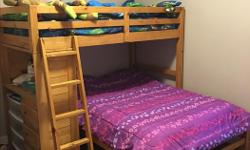 Top bunk is a single bottom bunk is a double. Whole unit measures 80 inches wide and 80inches long.
Bunk bed and top mattress purchased from Sears approx 5 years ago. Top mattress was rarely used. Bottom mattress purchased June 2015 from sleep country.