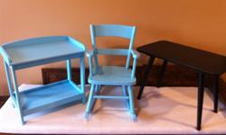 This antique freshly painted aqua rocker pairs up with matching table or if you prefer contrast, petite black side table.
Rocker $30
Aqua table $15
Black side table $15