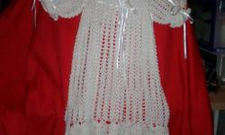 hand crocheted christening gown with hat and booties and blanket, all done in white crochet cotton, both items have won many ribbons in the county fairs. firm on the price, many hours in making it.