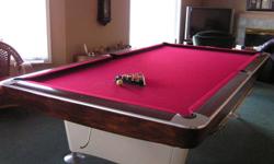 I have a 1958 Brunswick Gold Crown snooker table - 5'x10' hard pocket. Recent felt and new rubbers. Mahogany-type trim. $1,950 OBO. Professional move available.
 
Comes with numerous cue sticks, rakes and original 2-sets of balls (solid, numbered), slider