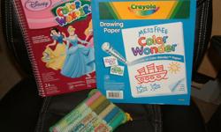 Disney Color Wonder Princess coloring book (samples of pages are shown), color wonder drawing paper pad, and zipper bag of color wonder markers, all for $5