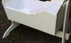 Full sized white painted wooden cradle for baby doll. Lovingly hand made in 1960s