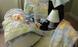 This is a gently used crib bedding set. From a smoke/pet free house.  It comes with
- Bumper
- Crib Sheet
- Crib Blanket
- Matching Soft Blanket
- Matching Lamp
- Matching Musical Mobile
- Bed skirt (not part of set, but looks great)
-Accent rug (not part
