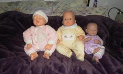 I'm Kimberly and I'm selling three sweet little cuddly dolls to you. I have two plush babies dolls one with a soother and one "newborn" look baby doll that's really adorable! I think any little girl would be pleased to own these cuties. If you like them