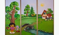 Mural doors for child room. Hand painted on standard sliding doors (3 panels) for apartment's wardrobe. Excellent decoration for children room. Just replace existing doors with these (all the original wheels are still there) or cut it out from the frame
