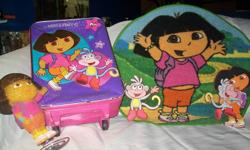 Dora suitcase with pull up handle & wheels (some minor wear on bottom).  Dora mat, Dora decoraton & 2 Dora wall decos.  All $10 OBO.