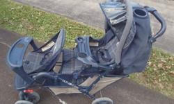 This double stroller is used but in still good condition. Great for daycare. Just missing front canopy due to airline misplacement. part can be ordered from Graco.