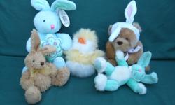 cute Bunnies for easter or just becouse, new blue happy easter april 8th bunny, baby soft bunny , honey color Bunny with white Hat, small beige bunny, green Bunny by RUSS - Bendy - and a cute little Chicken by RUSS - Baby Waddles - all Bunnies are in VG