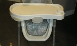 Adjustable to 7 different heights.  Seat reclines. Seat cover is machine washable.  Locking wheels for easy portability.  Removable tray is dishwasher safe.  This high chair is very sturdy and completely functional, but it has been gently used - the