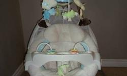 Plush washable fabric seat with canopy
Six swing speeds
Three positons-left, right and centre
Cradle position from side to side or head to toe swinging
motorized mobile with mirror and soft toys
music, sounds, and volume control
removable tray with toys