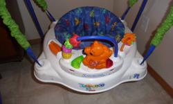 Fisher Price Deluxe Jumperoo. Great working condition! Rewards infant for bouncing with sounds and lights (adjustable sound level). Various toys to touch and play with. Quad frame with 4 point bungee suspension, easy adjust to 4 height levels as baby