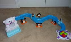 Fisher-Price Go Baby Go Sit-to-Crawl Polar Coaster
 
Recommended age 6-18 months
 
In great working condition!
Complete with all 4 balls. 
 
15.00
 
Description;
Polar Bear talks and nose light-up when balls is pushed through.
Ball rolls over the track