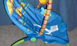 Fisher Price Infant to Toddler Rocker Blue/Green Battery Info: 1"D"
Ages: Birth + Always use restraint system until the child is able to climb in and out of the chair unassisted
Use the upright position only when child has developed enough upper body
