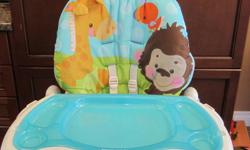 Fisher Price Precious Planet Highchair.
Adjusts to 7 different heights and 3 different reclines.
The blue feeding tray is removable and dishwasher safe.
Seat pad is machine washable.