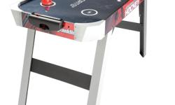 The Franklin Sports 48" Zero Gravity Sports Hockey Table is 48" x 27" x 32" and features a high gloss surface for competitive play. The slanted leg design is for intense action and the corner caps offer added support. MDF construction provides maximum