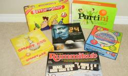 Games are in great condition and contain all the pieces. Some have only been played a few times. Would make a great Christmas gift. Games are:
Smart A** (trivia game)
24 DVD Board Game
Rummikub (rummy tile game)
Battle of the Sexes
Cranium
Partini
Jenga
