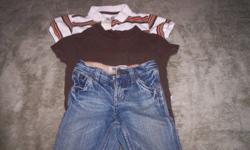Boys Gap jeans  size 12-18months, excellent shape.  Two Gap t-shirts size 12-18months, white striped one is a little yellowed in spots, chocolate brown one in great shape. One Gap hat size 12-24months,  in excellent shape. One Gap jacket, chocolate brown,