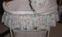 Gently used, gender neutral bassinet. Wheels unlock to allow rocking.  Big basket for storage underneath.  The top part can remove from the base to convert to a rocking cradle.