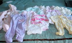 A selection of girls baby clothes up to 3mths.
1 snow suit - never worn - 0-3mths
4 sleepers 3mths
6 onesies 3-6mths (but wear smaller)
1 sweater - 3mths
2 jogging pants - 3mths
2 jump suits - 3 mths
1 T shirt - 3 mths
Also an assortment of knitted baby