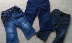 2 pairs of bootcut jeans, one dark sparkle pair and the other medium blue.
1 pair of navy pants that can be rolled up into capris. All 12 month size.
All are in great shape. Selling all together. If you contact me by phone, please call after 4:00pm.
