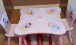 Girls Princess table set, 2-chairs, well built, some scratches, hid-away hold compartment in center of table, comes with a toy tea set.