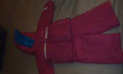 a girls pink colimbia 2 piece snow suit with hat and mittens.