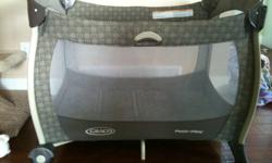 graco play pen, has bassinet (that can be closed to keep out older siblings or cats), change table, vibrate feature, plays music and nature sounds, has timer and night light, mobile that goes around, lots of amazing features :), paid close to $300 at TJ's