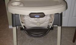Graco 'Contempo' high chair. Has a removable tray that fits in the dishwasher, five point harness straps, and folds up very flat. It rolls easily but wheels do lock into place. It is in good condition and comes from a smoke free home. Pick up only. *Open