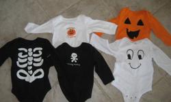 5 onesies for 6-9 months for Halloween. The designs on the black ones glow in the dark! $2 each or $10 takes whole lot. * Please note that the white "Cutest pumpkin patch" onesie is 3-6 months but runs larger. Worn once, smoke free home.
**Please see my