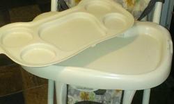 Good quality highchair small stain on fabric of seat. tray separates and has 5 height levels.