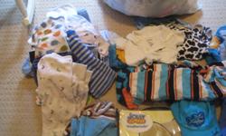 Huge bage of like-new baby boy clothes, brands like gap, old navy and joe. Also includes new soothers, bottles  infant insect tent and medlea nipple cream. In 0-3 mos there is at least 10 pj's, at least 10 pairs of pants, too many onesies to count,
